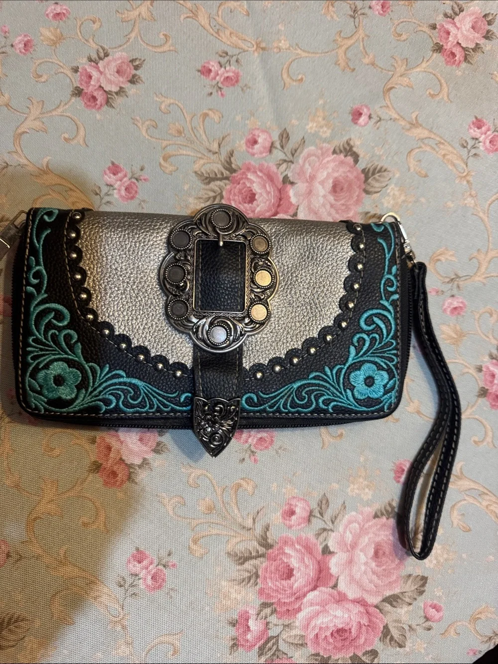 Embroidered Teal and Black Wristlet Crossbody Wallet